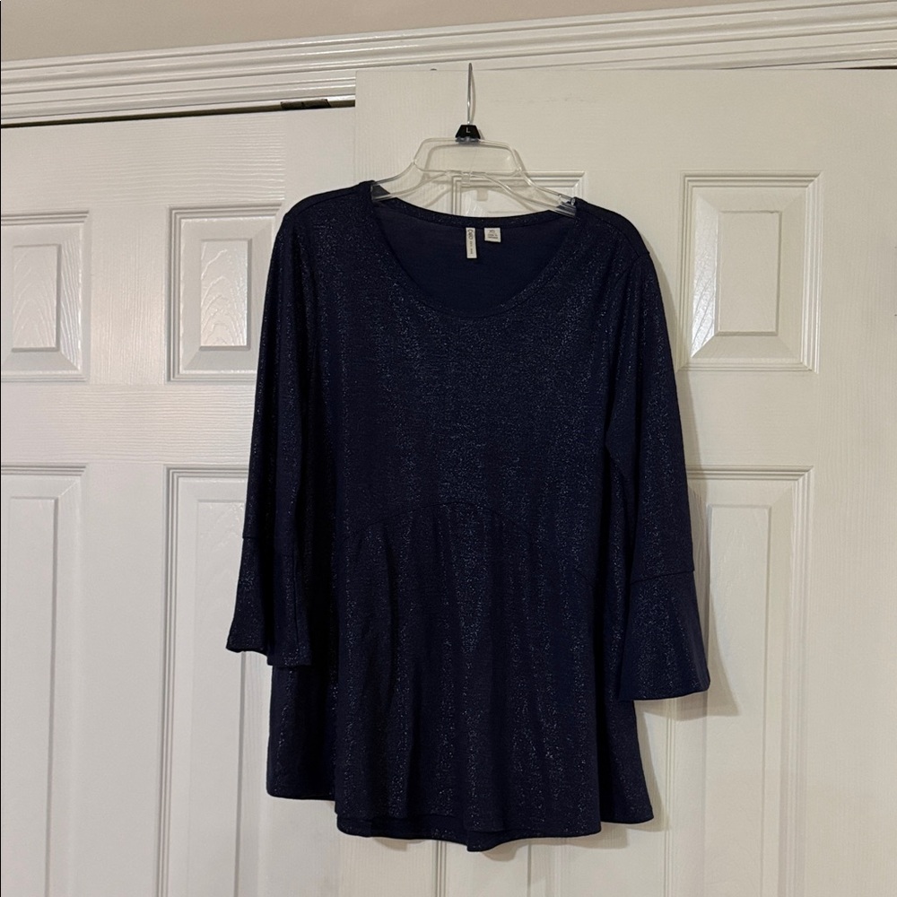 Cato Navy Shimmer Peplum Tunic with Flared Sleeves